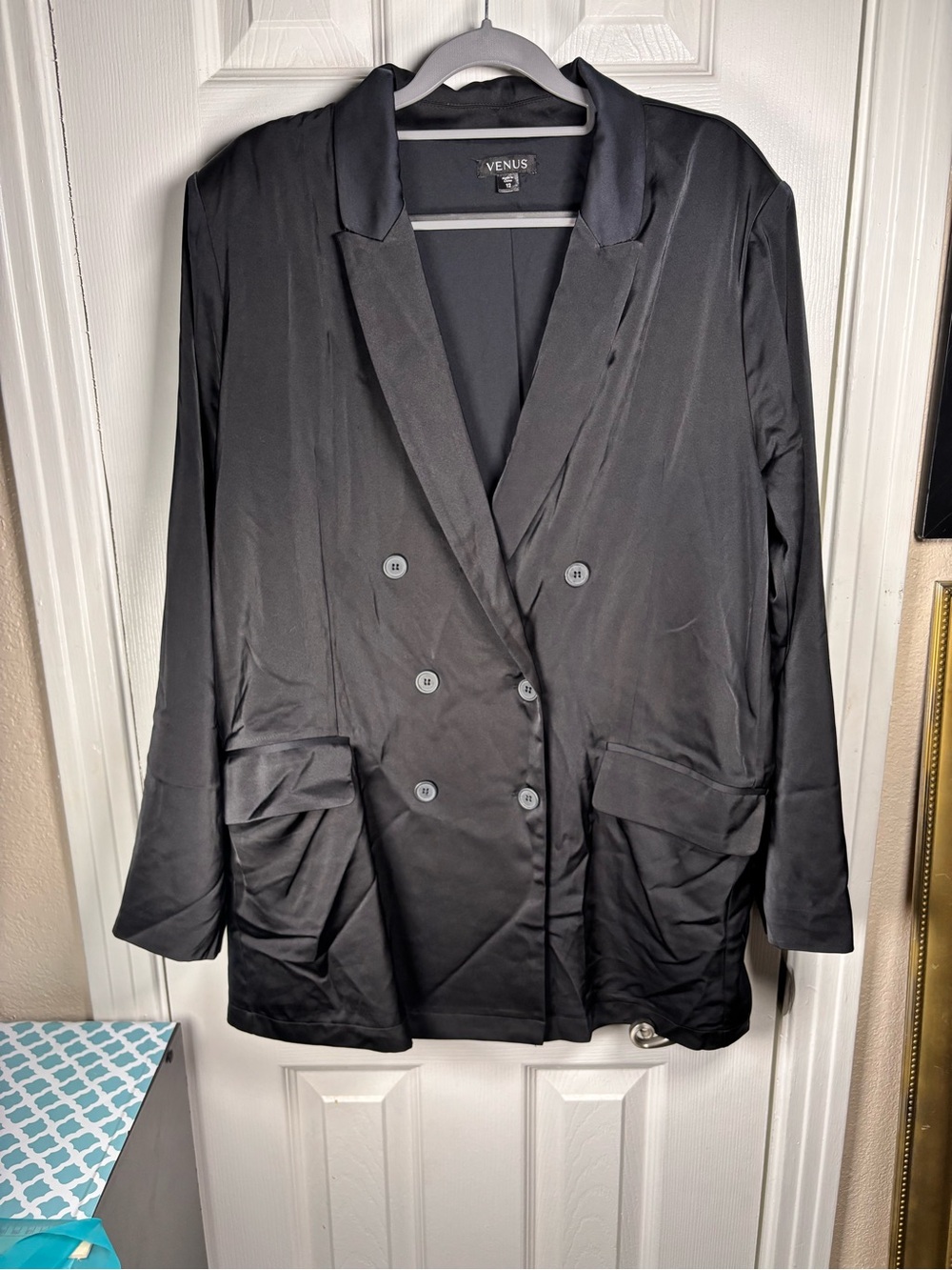 VENUS Black Double-Breasted Satin-Trim Blazer NWOT 12